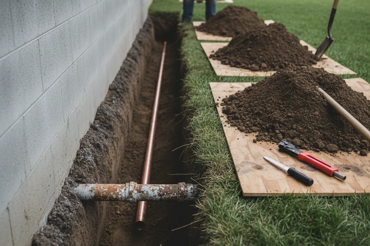 Excavated water line trench during Water Softener Installation in Grand Tower